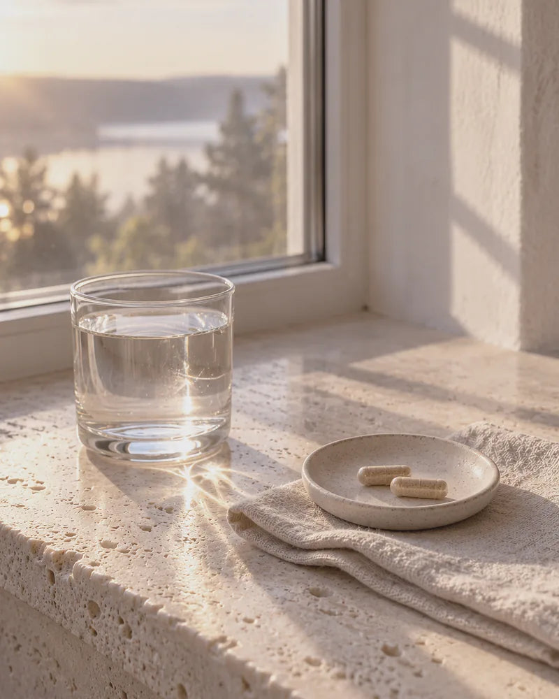 A glass of water and a small dish of capsules on a stone windowsill