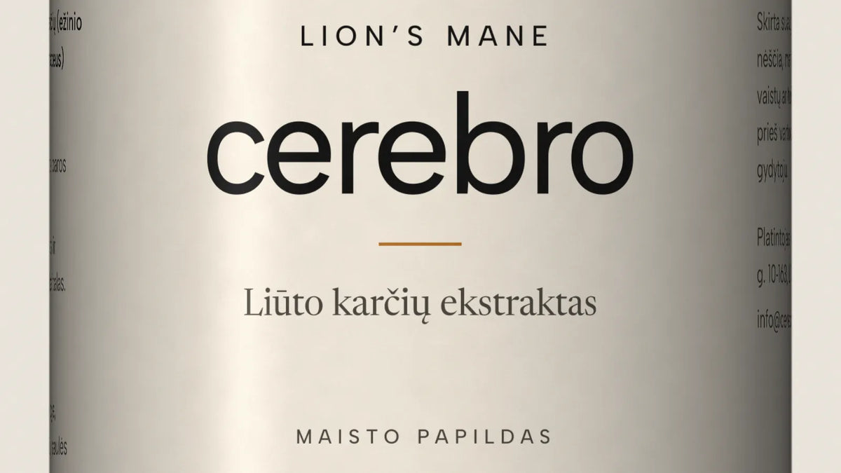 Close up of the Cerebro label: lion’s mane extract, food supplement