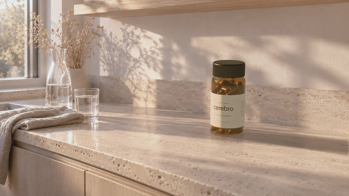 A Cerebro bottle on a kitchen counter next to a glass of water