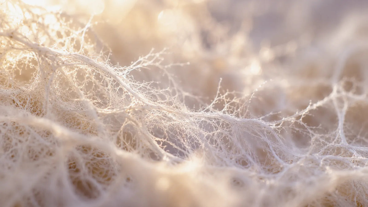 White mycelium up close, a network of fine threads