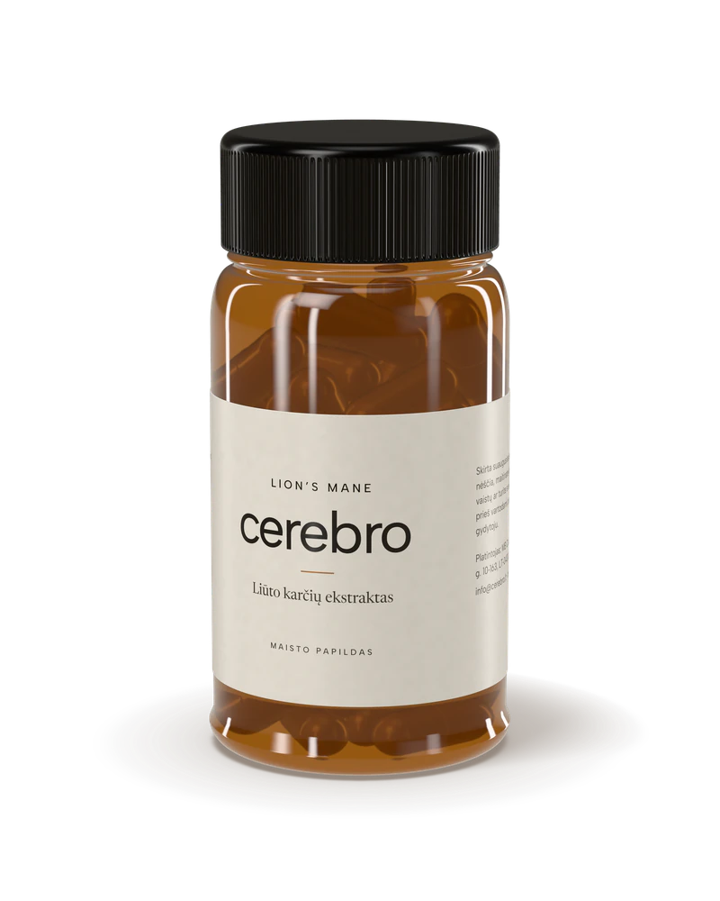Amber Cerebro bottle of lion’s mane capsules
