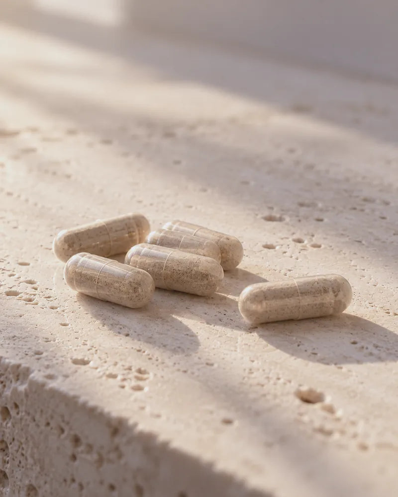 Capsules on a pale stone surface