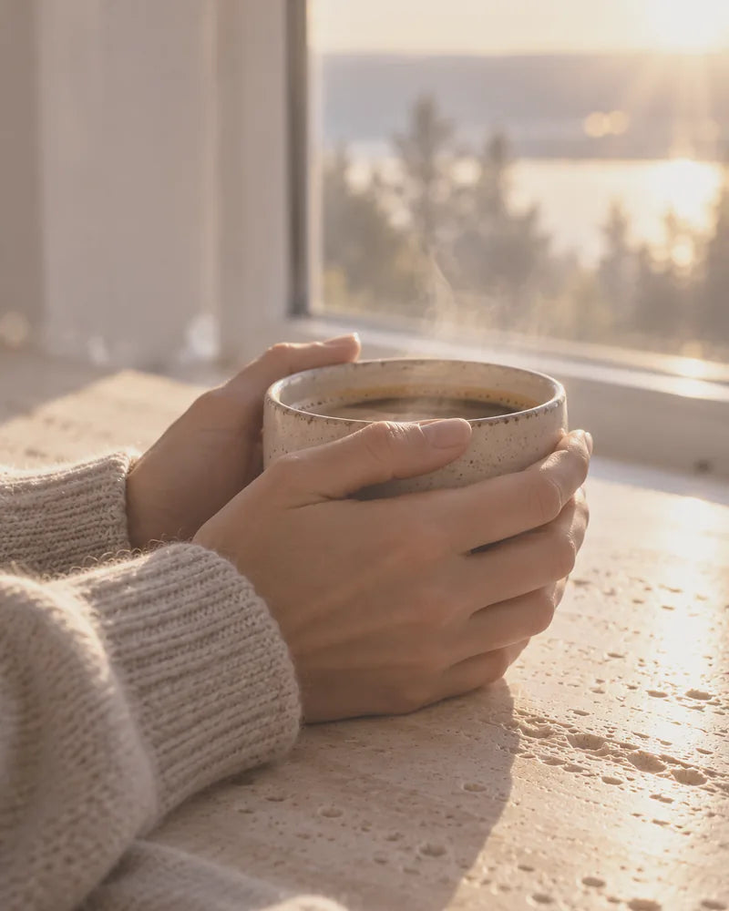 Hands around a ceramic cup on a windowsill in morning light