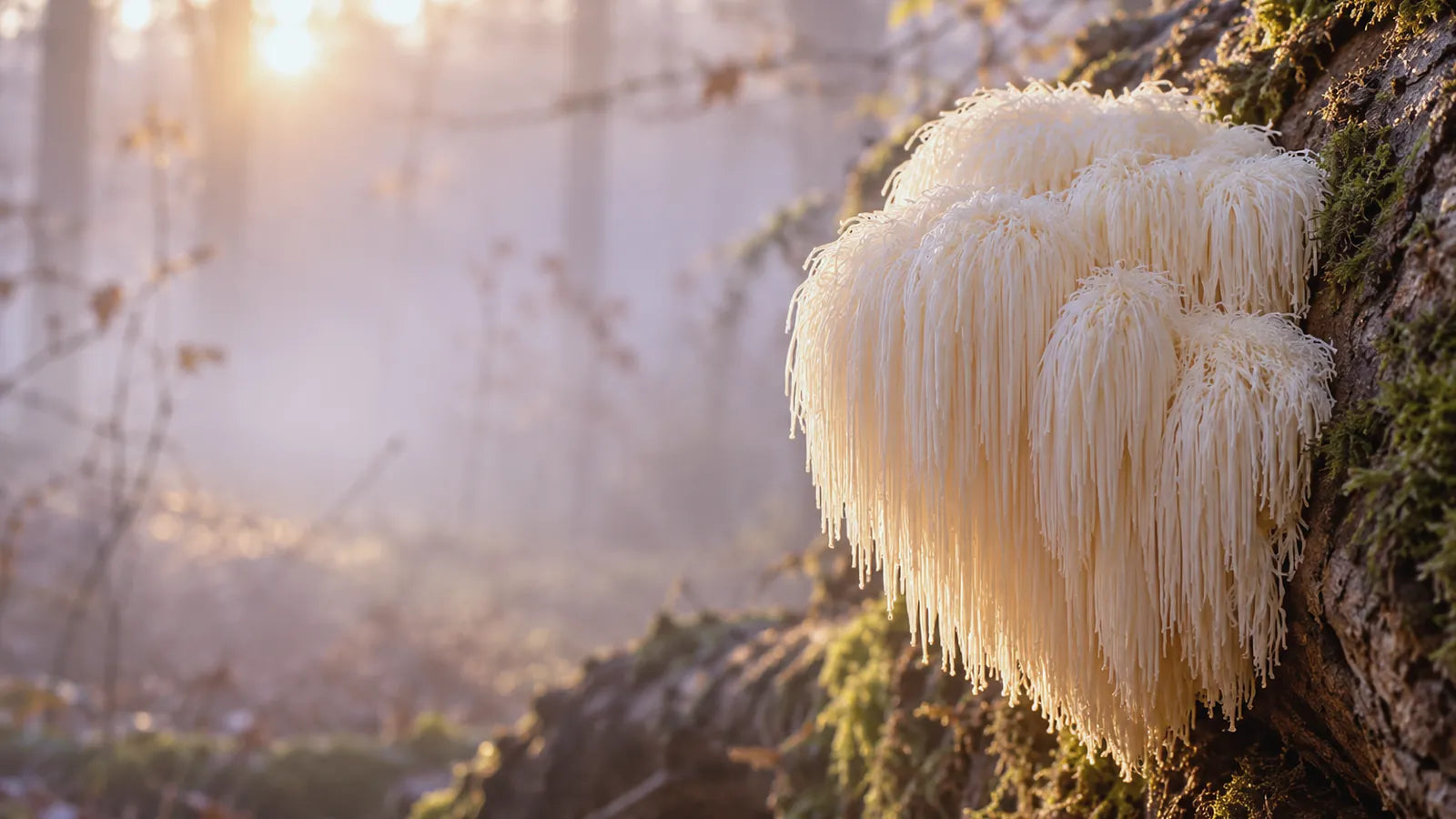 Lion’s mane growing on a mossy tree trunk in a forest
