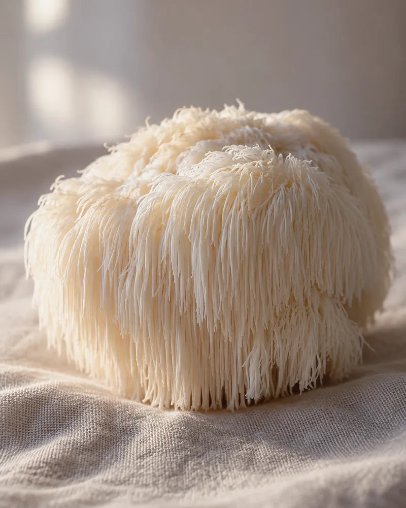 Fresh lion’s mane mushroom on linen